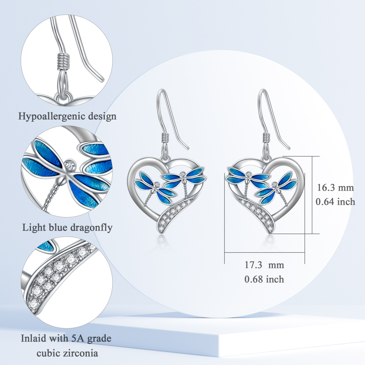 Sterling Silver Circular Shaped Cubic Zirconia Dragonfly & Heart Drop Earrings-5