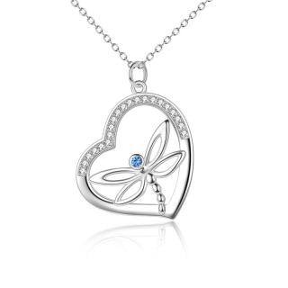 Sterling Silver Circular Shaped Cubic Zirconia Dragonfly & Heart Pendant Necklace-53