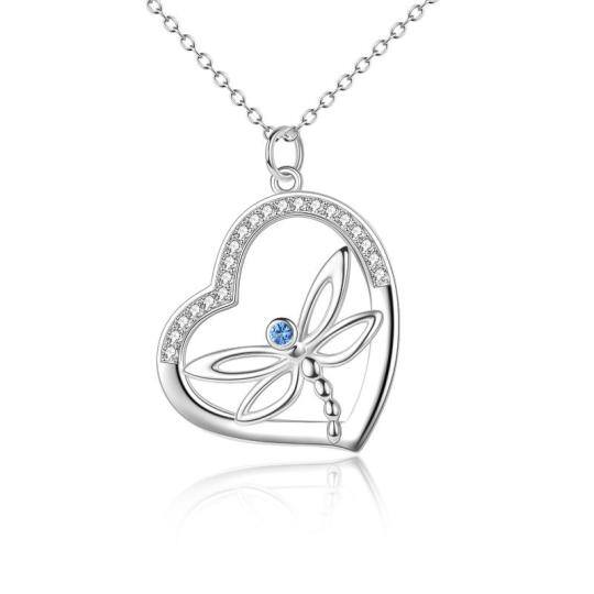 Sterling Silver Circular Shaped Cubic Zirconia Dragonfly & Heart Pendant Necklace