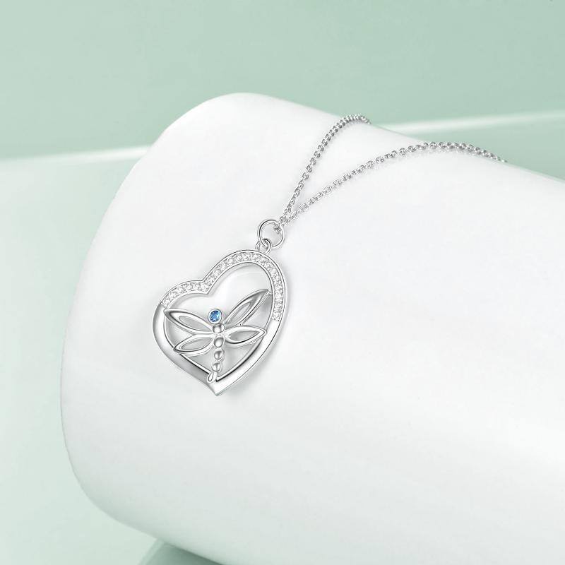 Sterling Silver Circular Shaped Cubic Zirconia Dragonfly & Heart Pendant Necklace-3