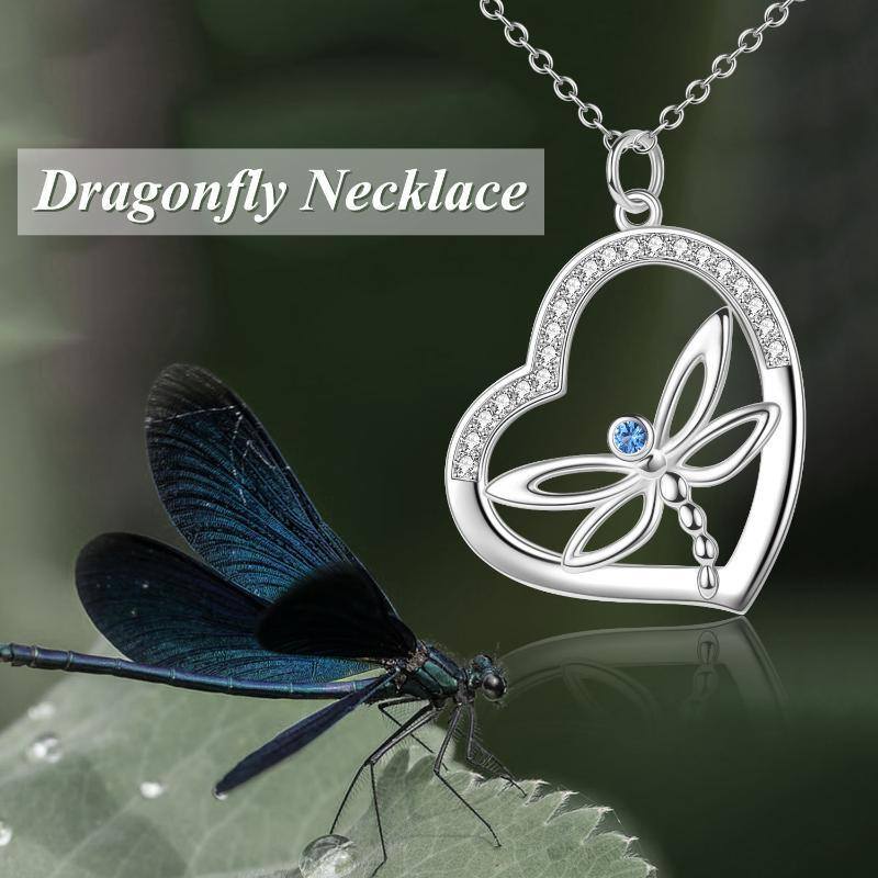 Sterling Silver Circular Shaped Cubic Zirconia Dragonfly & Heart Pendant Necklace-5