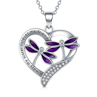 Sterling Silver Circular Shaped Dragonfly & Heart Pendant Necklace with Engraved Word-3