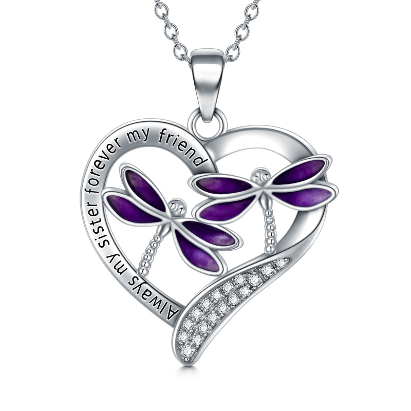 Sterling Silver Circular Shaped Dragonfly & Heart Pendant Necklace with Engraved Word-9