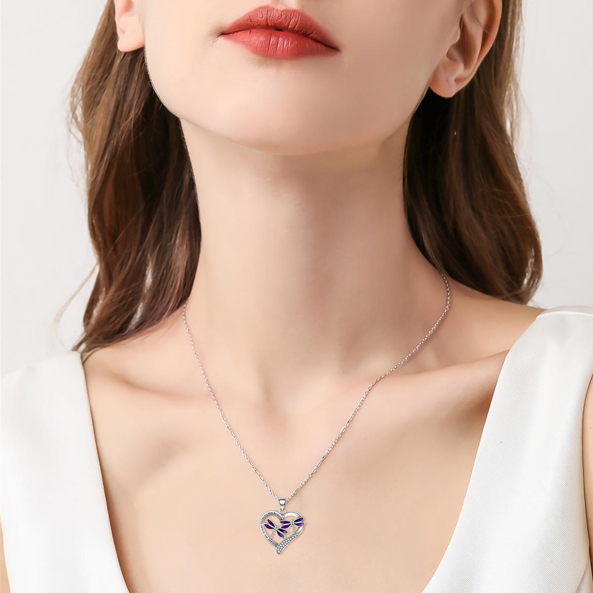 Collier en argent sterling avec pendentif libellule et coeur de forme circulaire avec mot-2