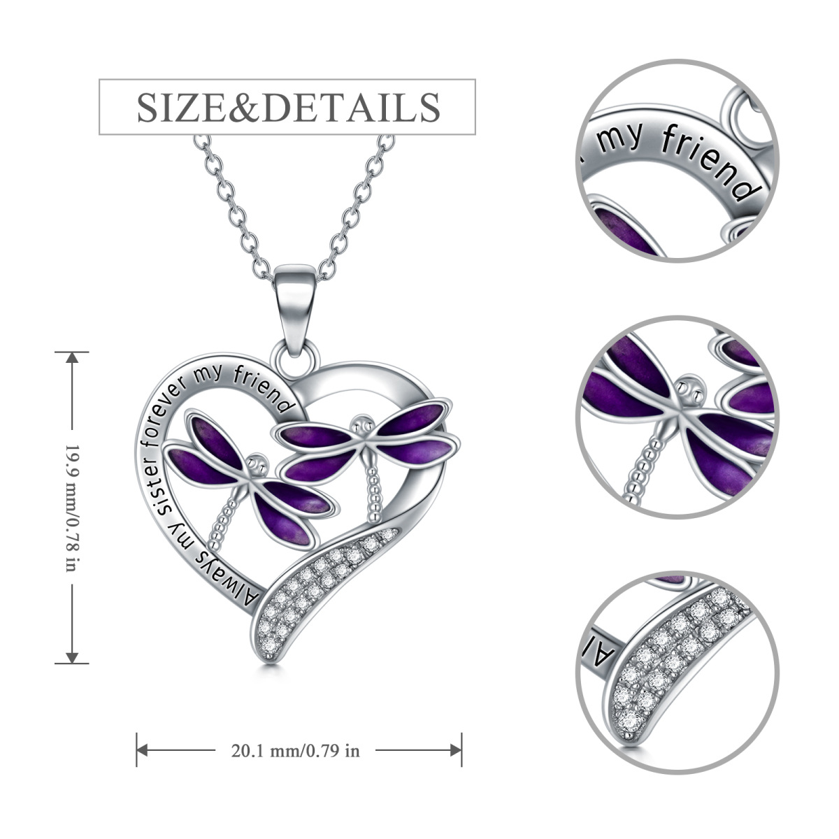 Collier en argent sterling avec pendentif libellule et coeur de forme circulaire avec mot-3