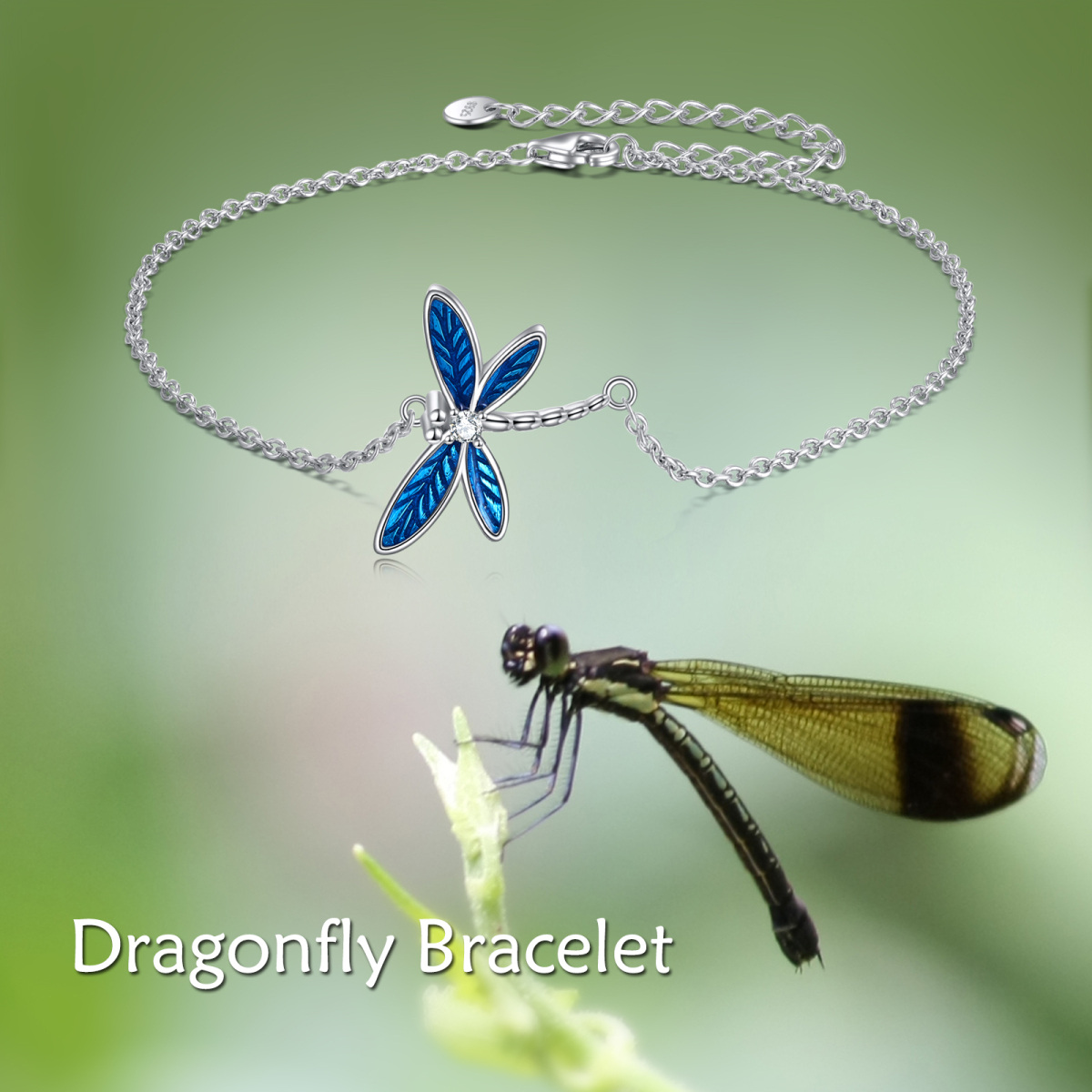 Sterling Silver Circular Shaped Cubic Zirconia Dragonfly Charm Bracelet-6