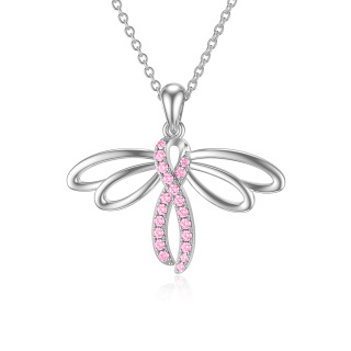 Sterling Silver Circular Shaped Cubic Zirconia Dragonfly & Ribbon Pendant Necklace-54