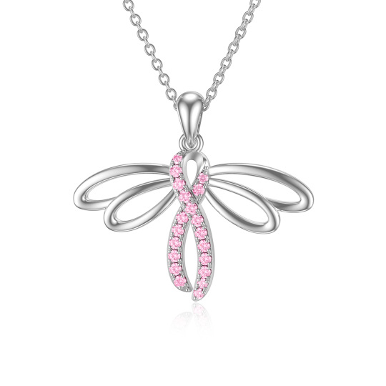 Sterling Silver Circular Shaped Cubic Zirconia Dragonfly & Ribbon Pendant Necklace