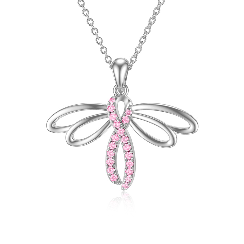 Sterling Silver Circular Shaped Cubic Zirconia Dragonfly & Ribbon Pendant Necklace-20