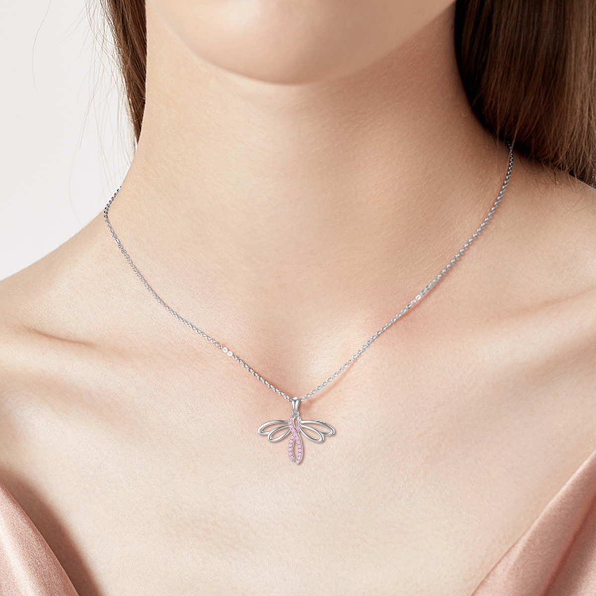 Collana con ciondolo a forma di circolare in argento sterling con libellula e nastro in zirconia cubica-2