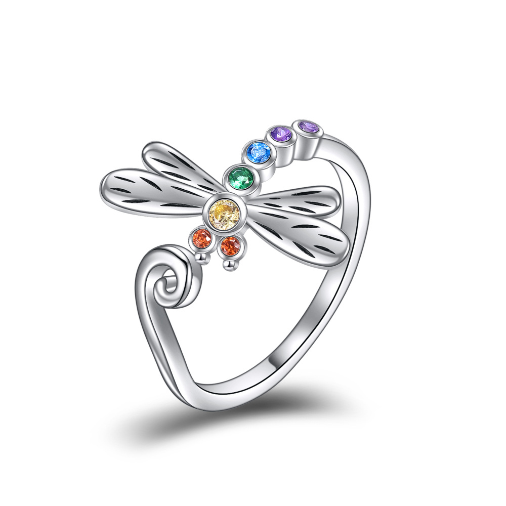 Sterling Silver Round Shaped Cubic Zirconia Dragonfly Ring-1