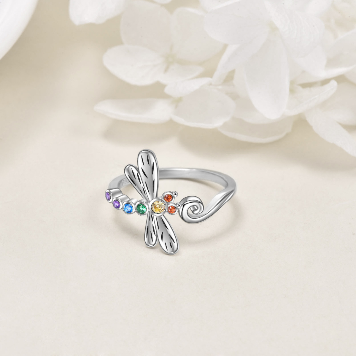 Sterling Silver Circular Shaped Cubic Zirconia Dragonfly Ring-3