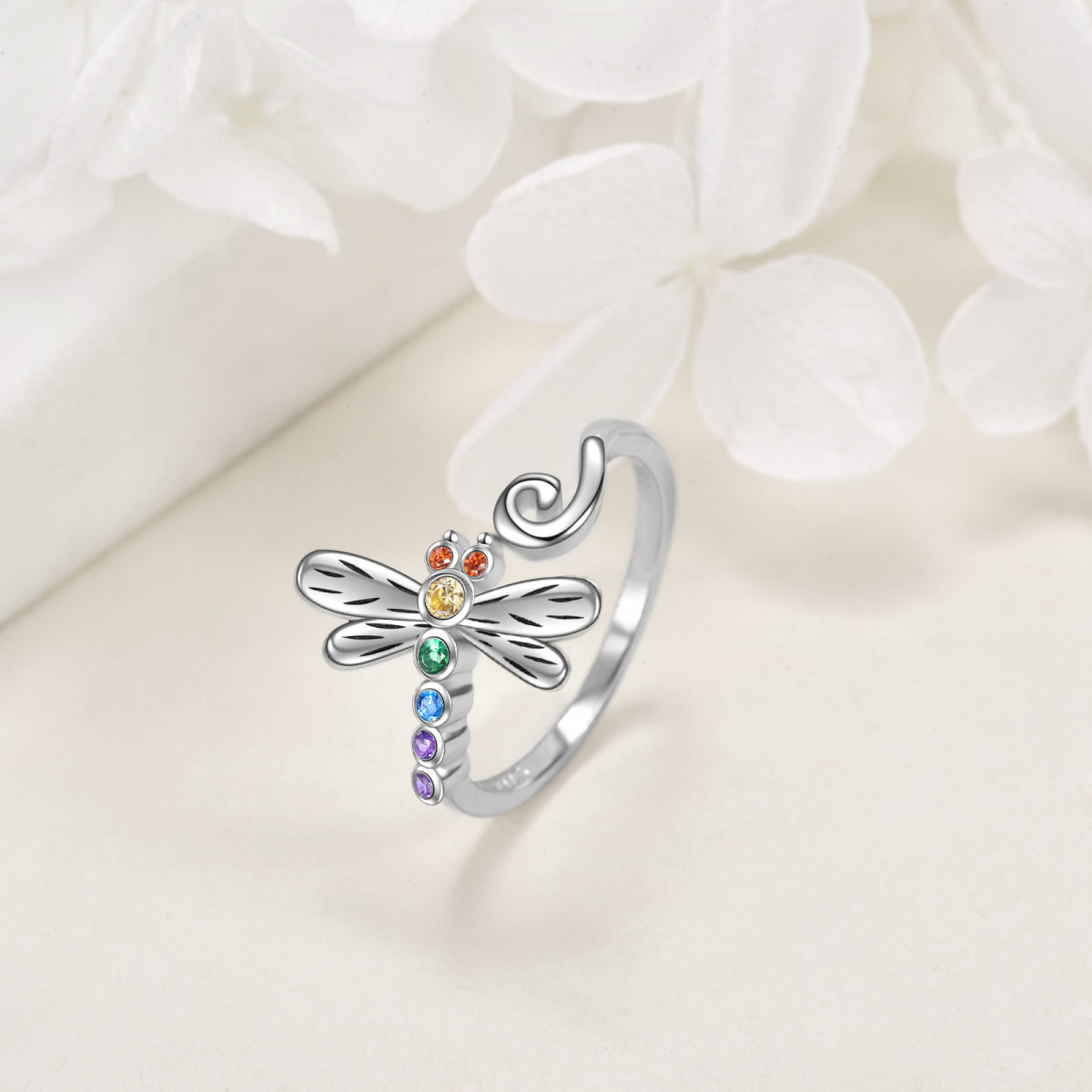 Sterling Silver Circular Shaped Cubic Zirconia Dragonfly Ring-4