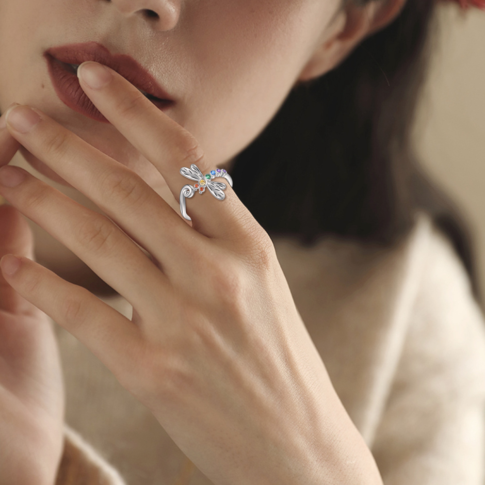 Sterling Silver Round Shaped Cubic Zirconia Dragonfly Ring-2