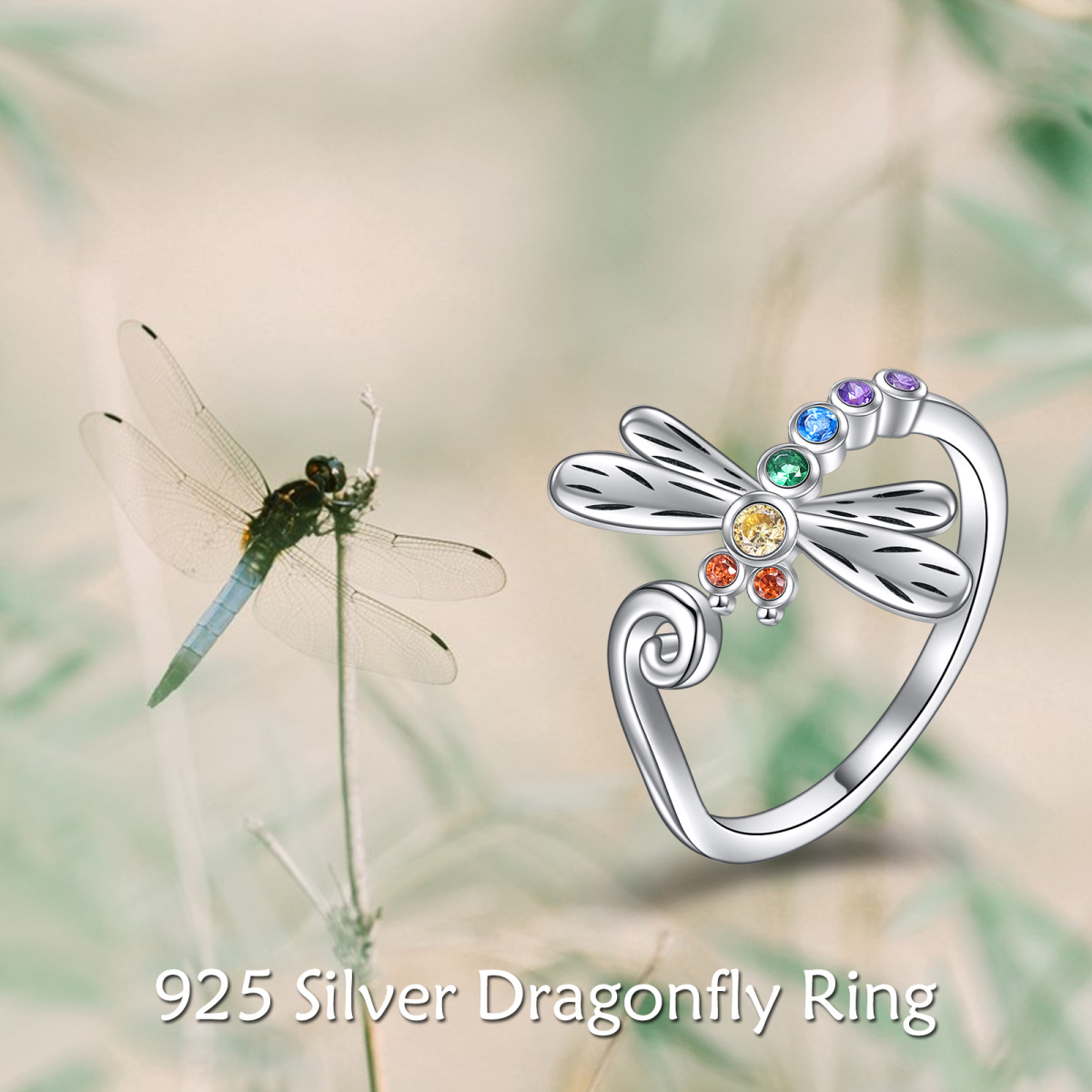 Sterling Silver Circular Shaped Cubic Zirconia Dragonfly Ring-6