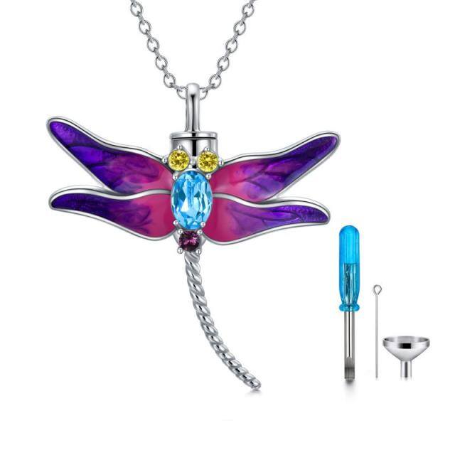 Sterling Silver Circular Shaped Cubic Zirconia Dragonfly Urn Necklace for Ashes-4