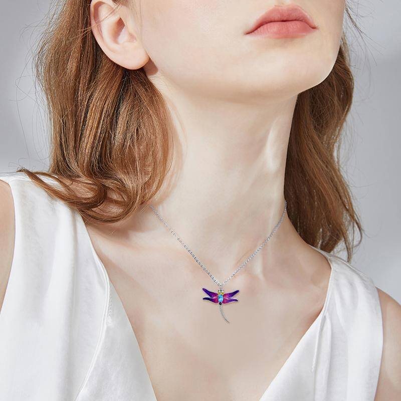 Sterling Silver Circular Shaped Cubic Zirconia Dragonfly Urn Necklace for Ashes-2