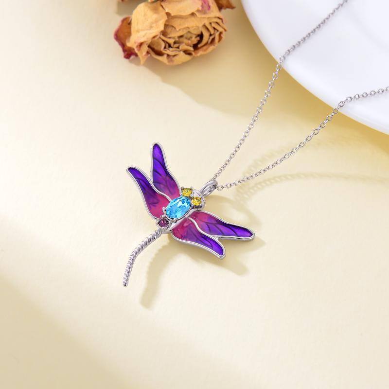 Sterling Silver Circular Shaped Cubic Zirconia Dragonfly Urn Necklace for Ashes-3