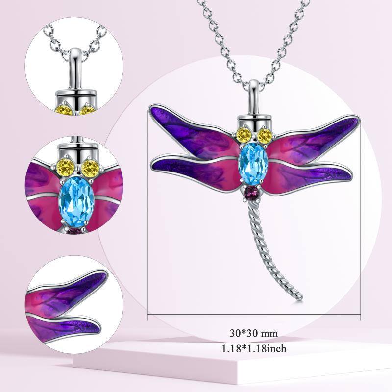 Sterling Silver Circular Shaped Cubic Zirconia Dragonfly Urn Necklace for Ashes-4