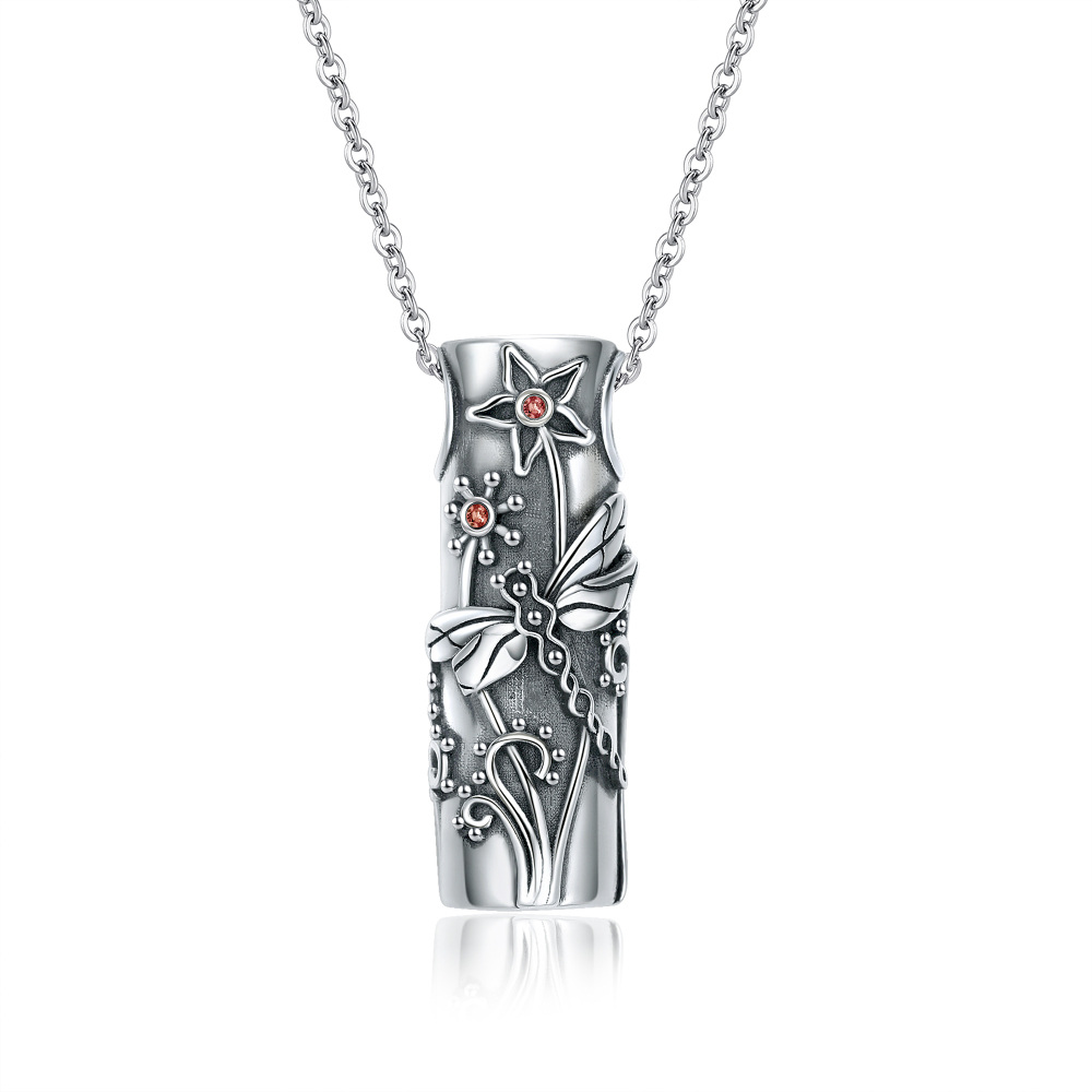 Sterling Silver Circular Shaped Cubic Zirconia Dragonfly Urn Necklace for Ashes-3