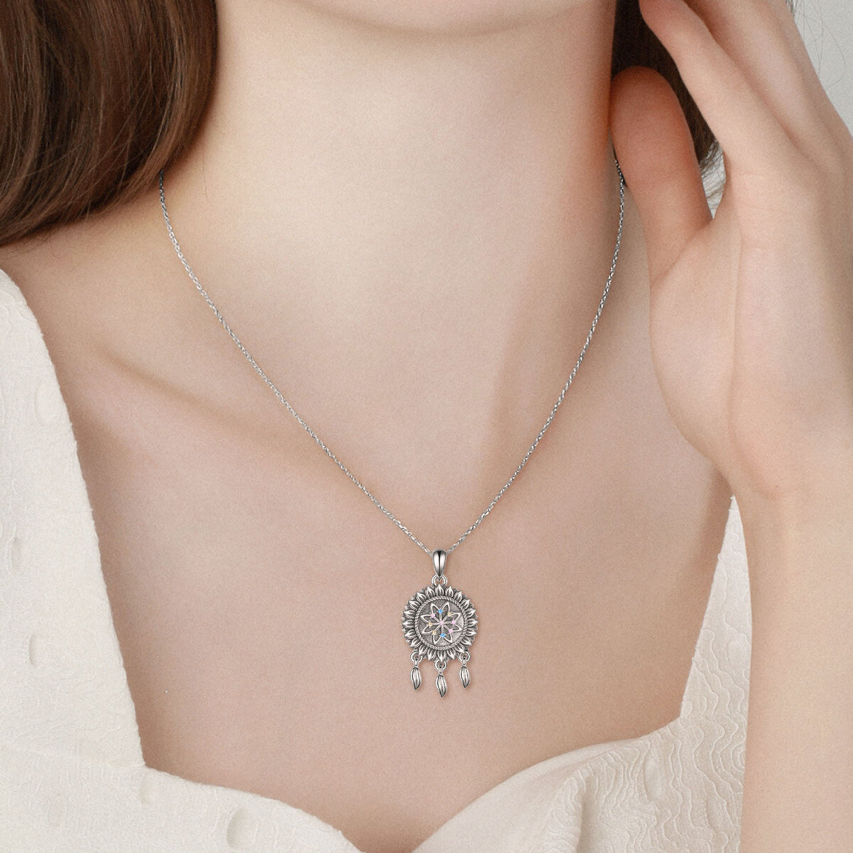 Sterling Silver Circular Shaped Cubic Zirconia Dream Catcher Urn Necklace for Ashes-2