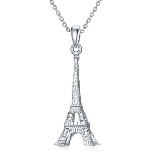 Sterling Silver Circular Shaped Cubic Zirconia Eiffel Tower Pendant Necklace