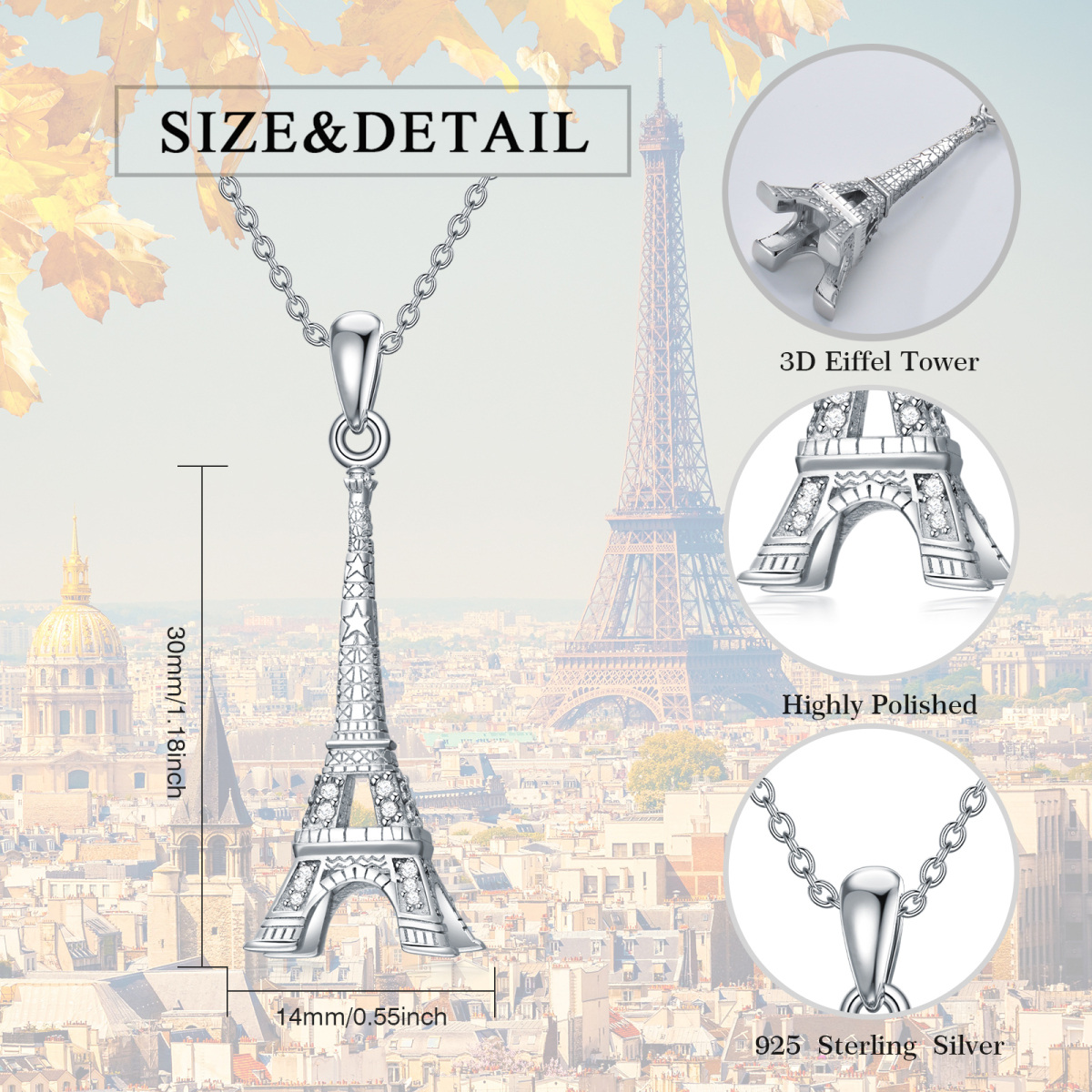 Sterling Silver Circular Shaped Cubic Zirconia Eiffel Tower Pendant Necklace-5