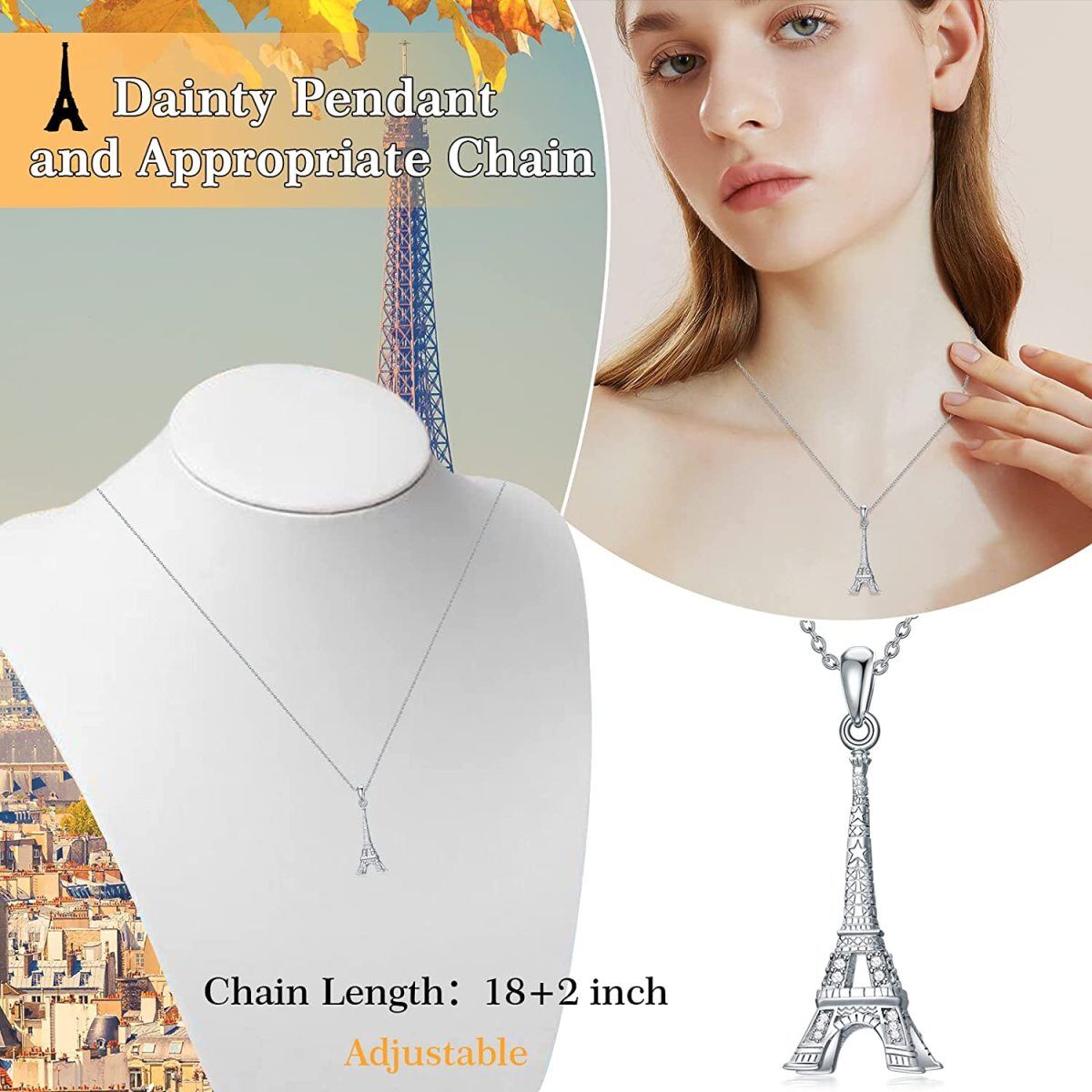 Collar colgante de plata de ley con forma circular Torre Eiffel de circonitas cúbicas-6