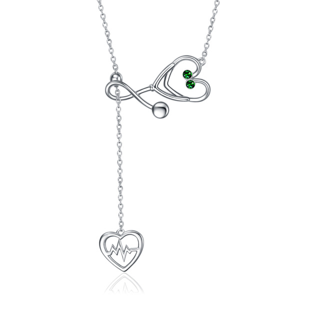 Sterling Silver Circular Shaped Cubic Zirconia Electrocardiogram & Heart & Stethoscope Adjustable Y Necklace-5