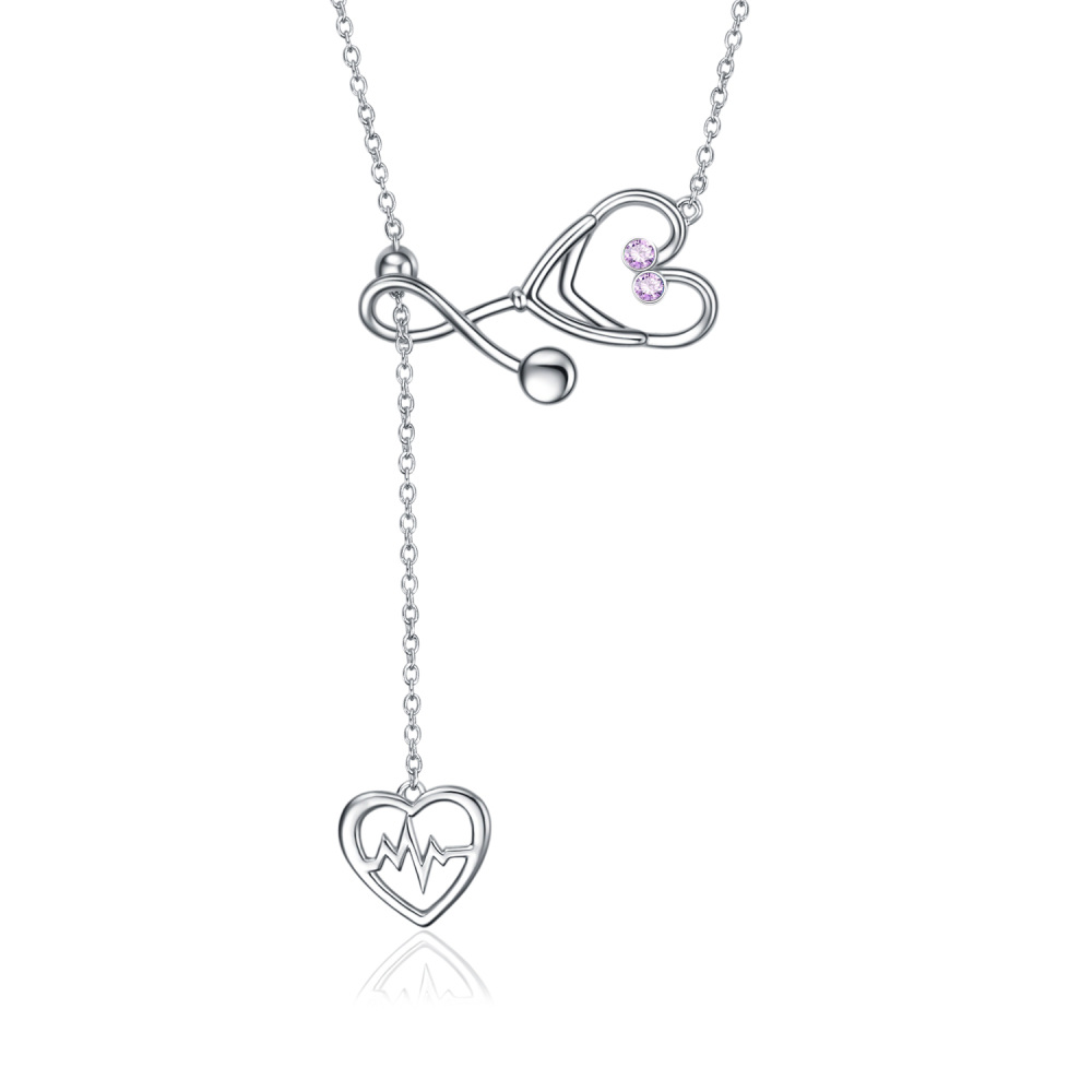 Sterling Silver Circular Cubic Zirconia Electrocardiogram & Heart Stethoscope Adjustable Y Necklace For Women-1