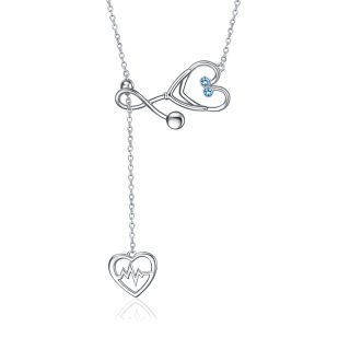 Sterling Silver Circular Cubic Zirconia Electrocardiogram & Heart Stethoscope Adjustable Y Necklace For Women-36