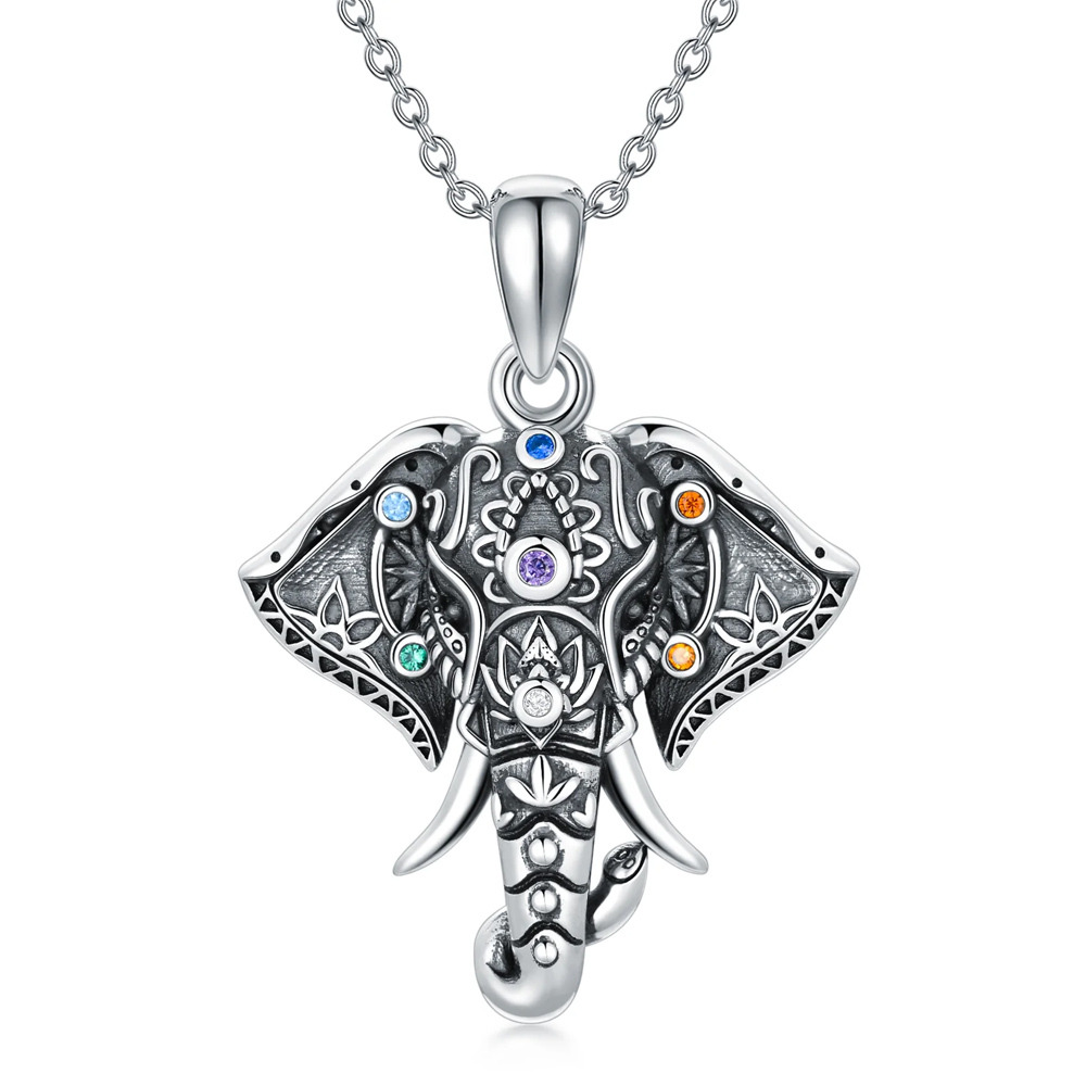 Collier en argent sterling avec pendentif éléphant et chakras en zircone cubique de forme-1