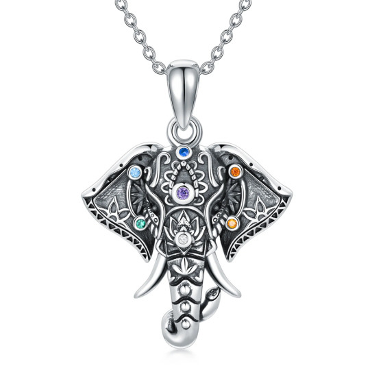 Collier en argent sterling avec pendentif éléphant et chakras en zircone cubique de forme