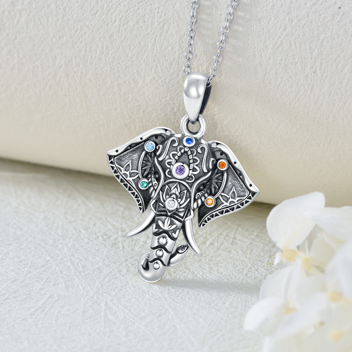 Sterling Silver Circular Shaped Cubic Zirconia Elephant & Chakras Pendant Necklace-3