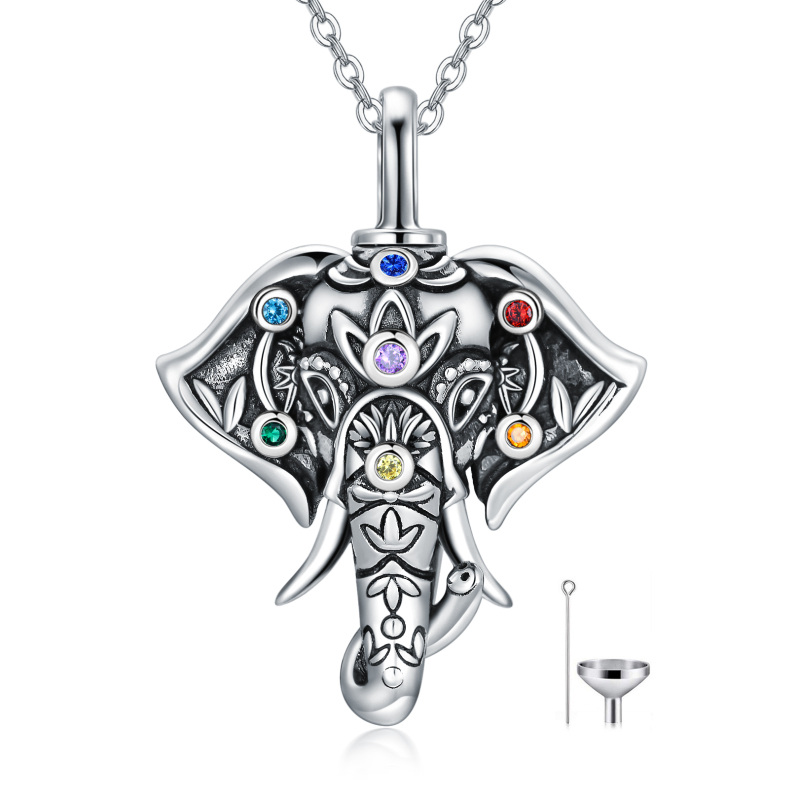 Sterling Silber kreisförmig Cubic Zirkonia Elefant & Chakras Urn Halskette-1