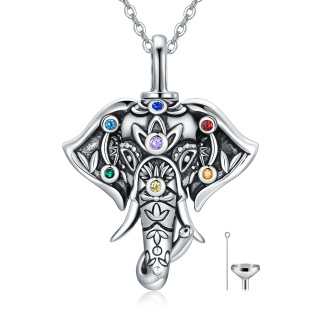 Sterling Silver Circular Shaped Cubic Zirconia Elephant & Chakras Urn Necklace for Ashes-2