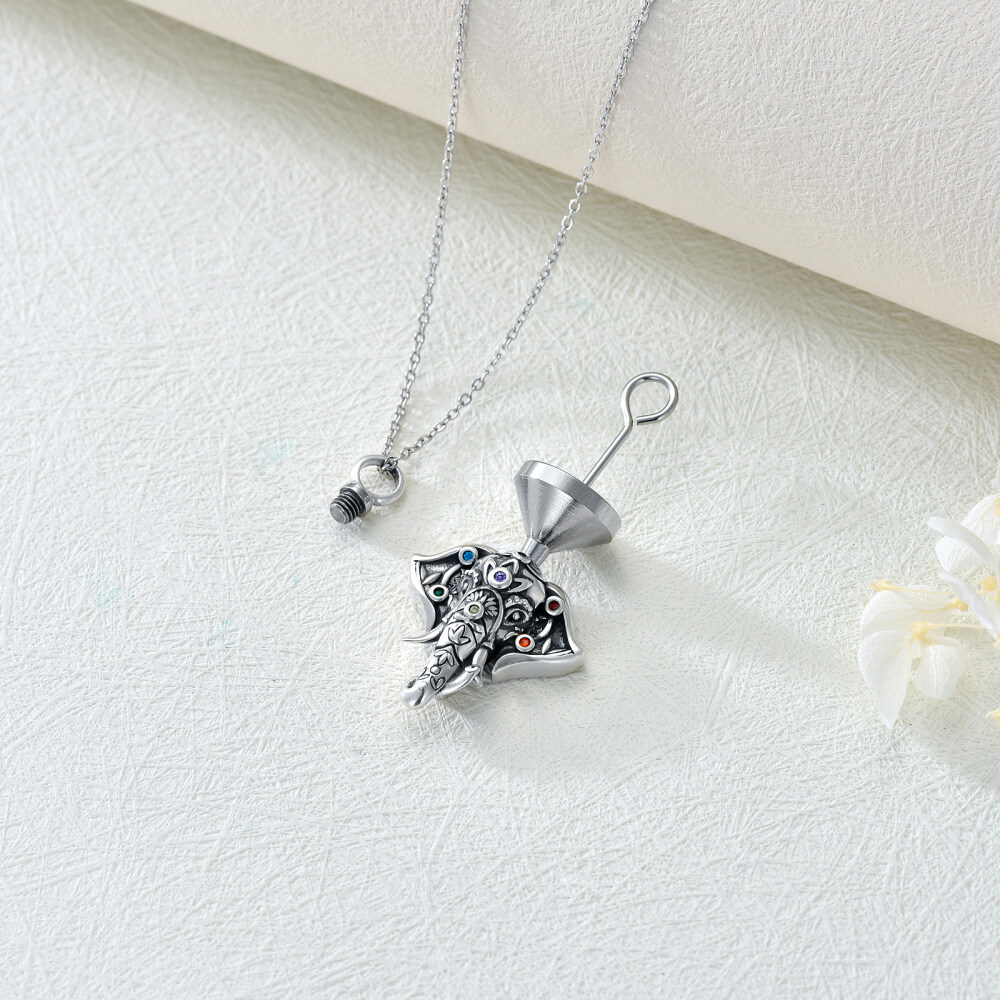 Sterling Silver Circular Shaped Cubic Zirconia Elephant & Chakras Urn Necklace for Ashes-4
