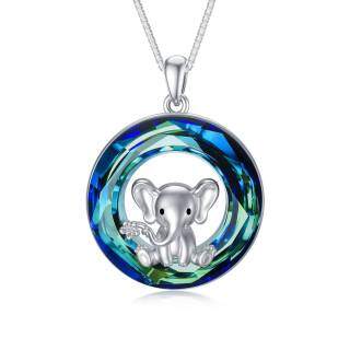 Sterling Silver Circular Shaped Elephant Crystal Pendant Necklace-35