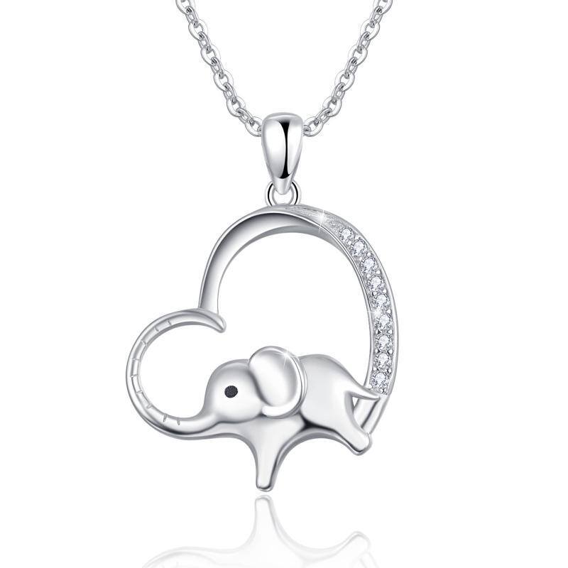 Sterling Silber kreisförmig Cubic Zirkonia Elefant & Herz-Anhänger Halskette-1