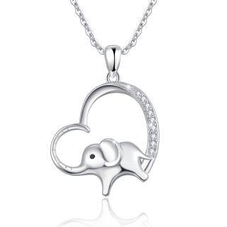 Sterling Silver Circular Shaped Cubic Zirconia Elephant & Heart Pendant Necklace-46