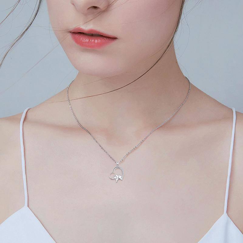 Sterling Silver Circular Shaped Cubic Zirconia Elephant & Heart Pendant Necklace-2
