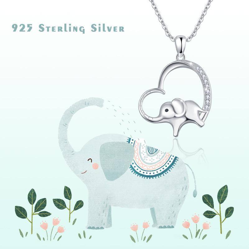 Sterling Silver Circular Shaped Cubic Zirconia Elephant & Heart Pendant Necklace-4