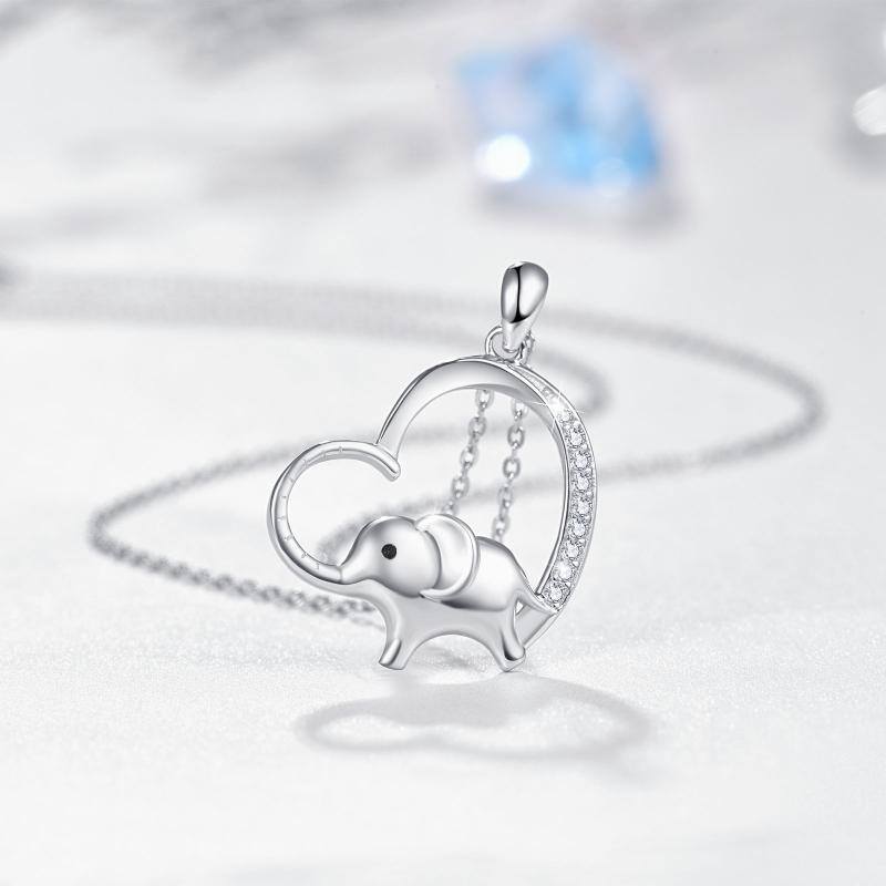 Sterling Silver Circular Shaped Cubic Zirconia Elephant & Heart Pendant Necklace-5