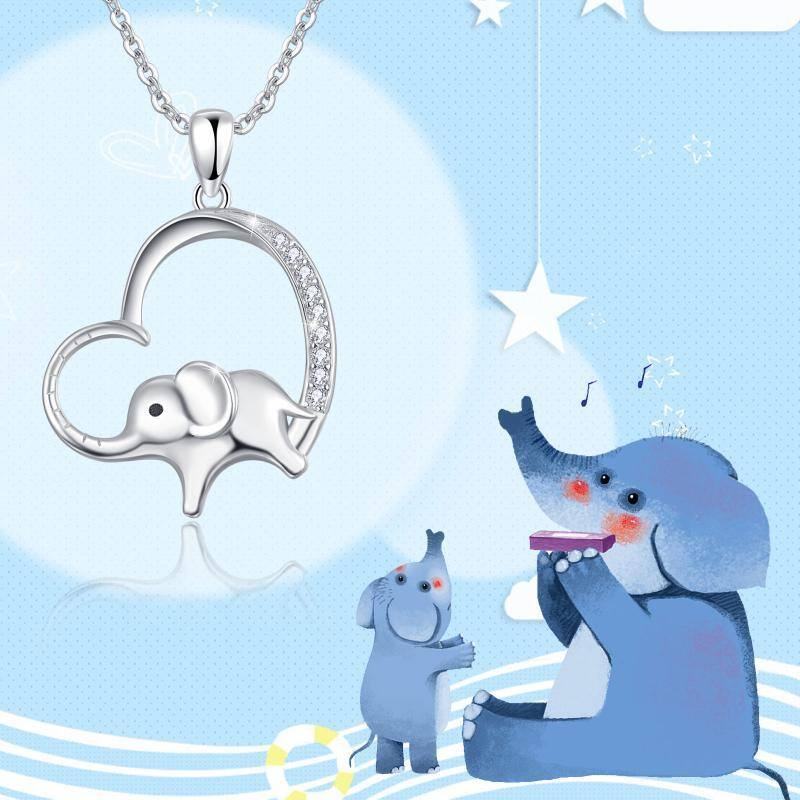 Sterling Silver Circular Shaped Cubic Zirconia Elephant & Heart Pendant Necklace-6