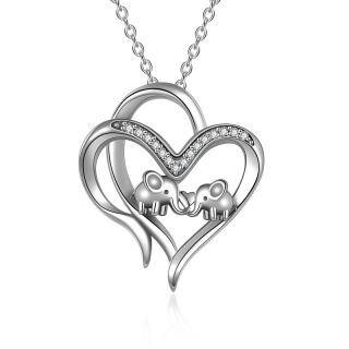 Sterling Silver Cz Double Elephant & Heart Pendant Necklace For Her-54