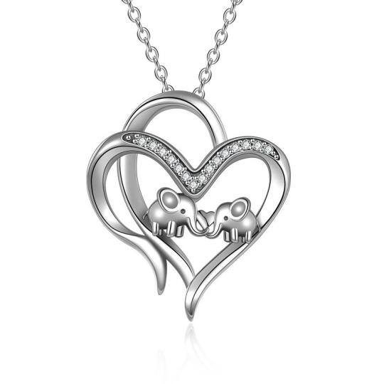 Sterling Silver Cz Double Elephant & Heart Pendant Necklace For Her