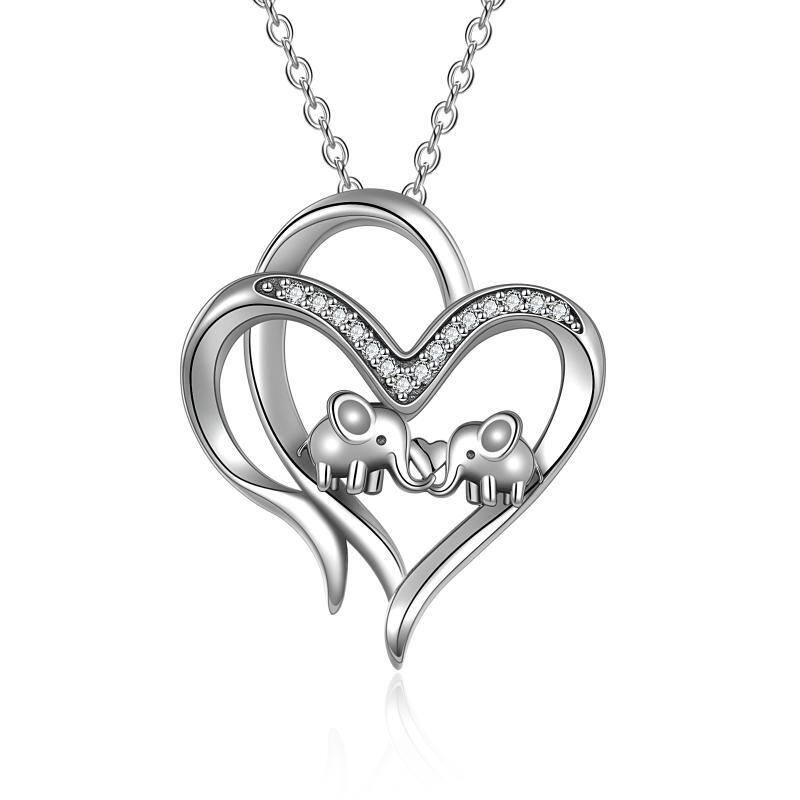 Sterling Silver Cz Double Elephant & Heart Pendant Necklace For Her-51