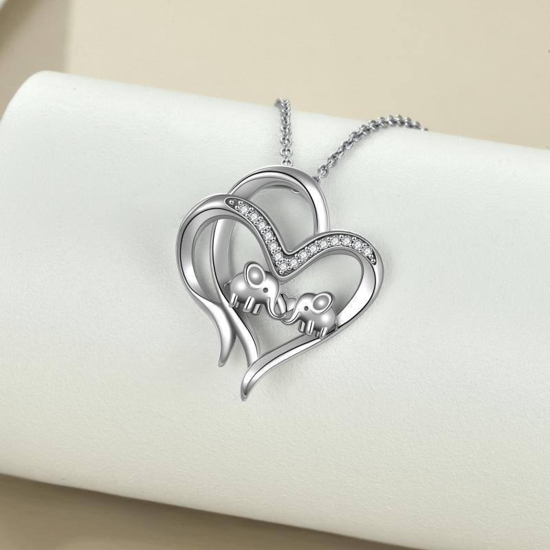 Sterling Silver Cz Double Elephant & Heart Pendant Necklace For Her-3
