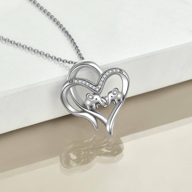 Sterling Silver Cz Double Elephant & Heart Pendant Necklace For Her-4