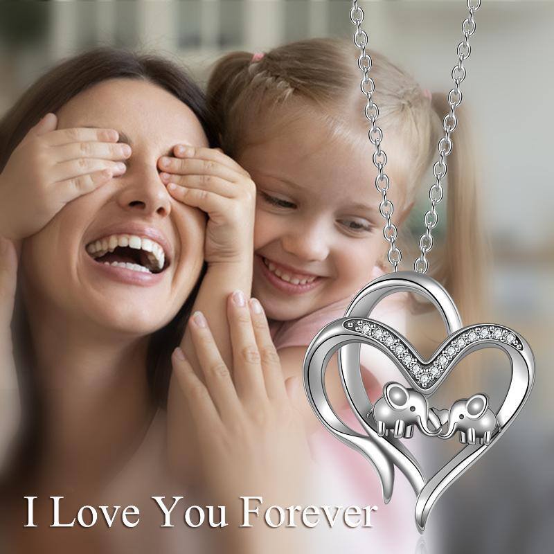 Sterling Silver Cz Double Elephant & Heart Pendant Necklace For Her-6